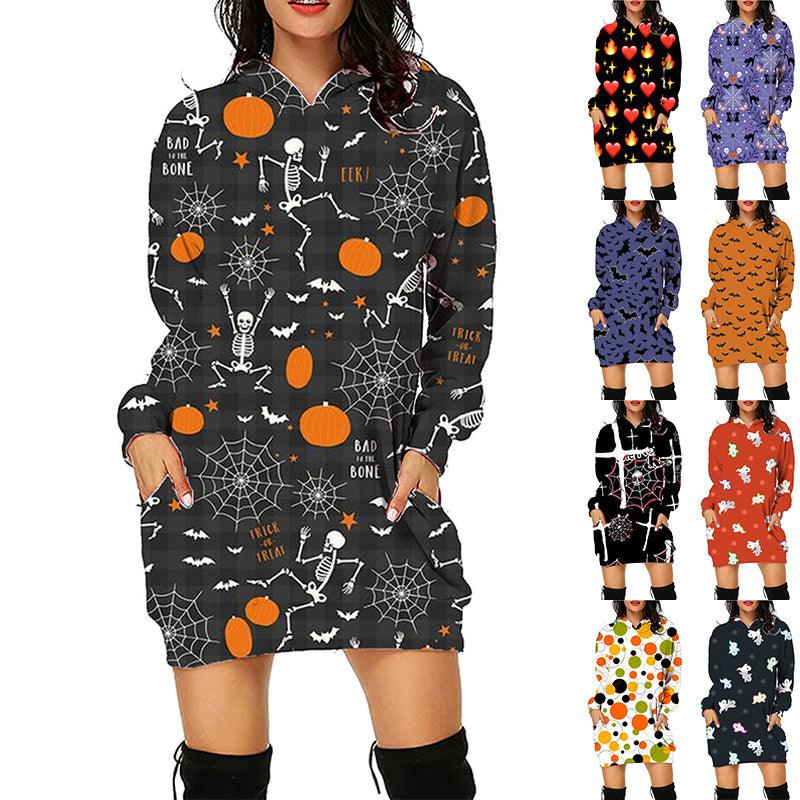 Halloween Print Long Hoodie With Pockets Sweater Long Sleeve Clothes Women - fadidesign