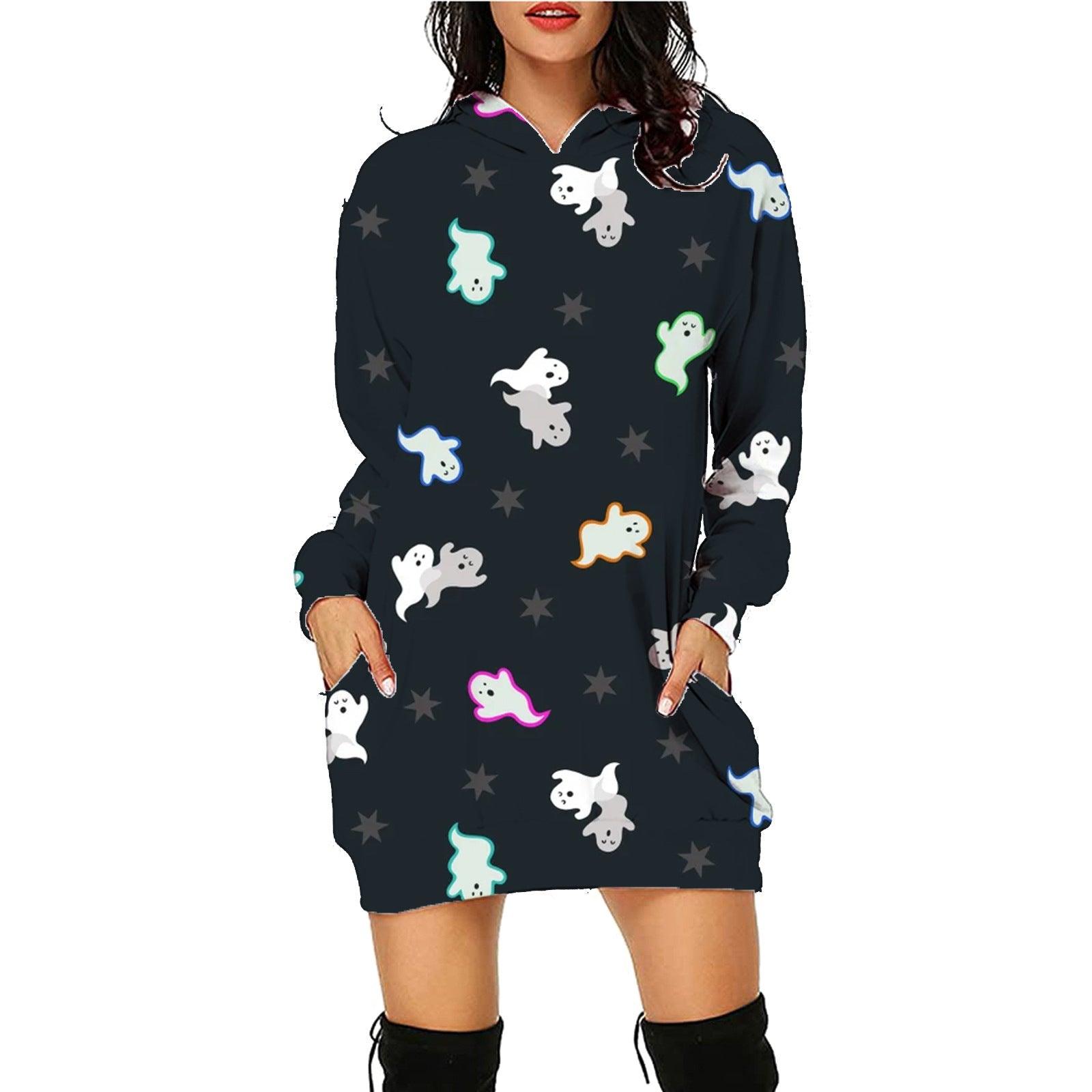 Halloween Print Long Hoodie With Pockets Sweater Long Sleeve Clothes Women - fadidesign