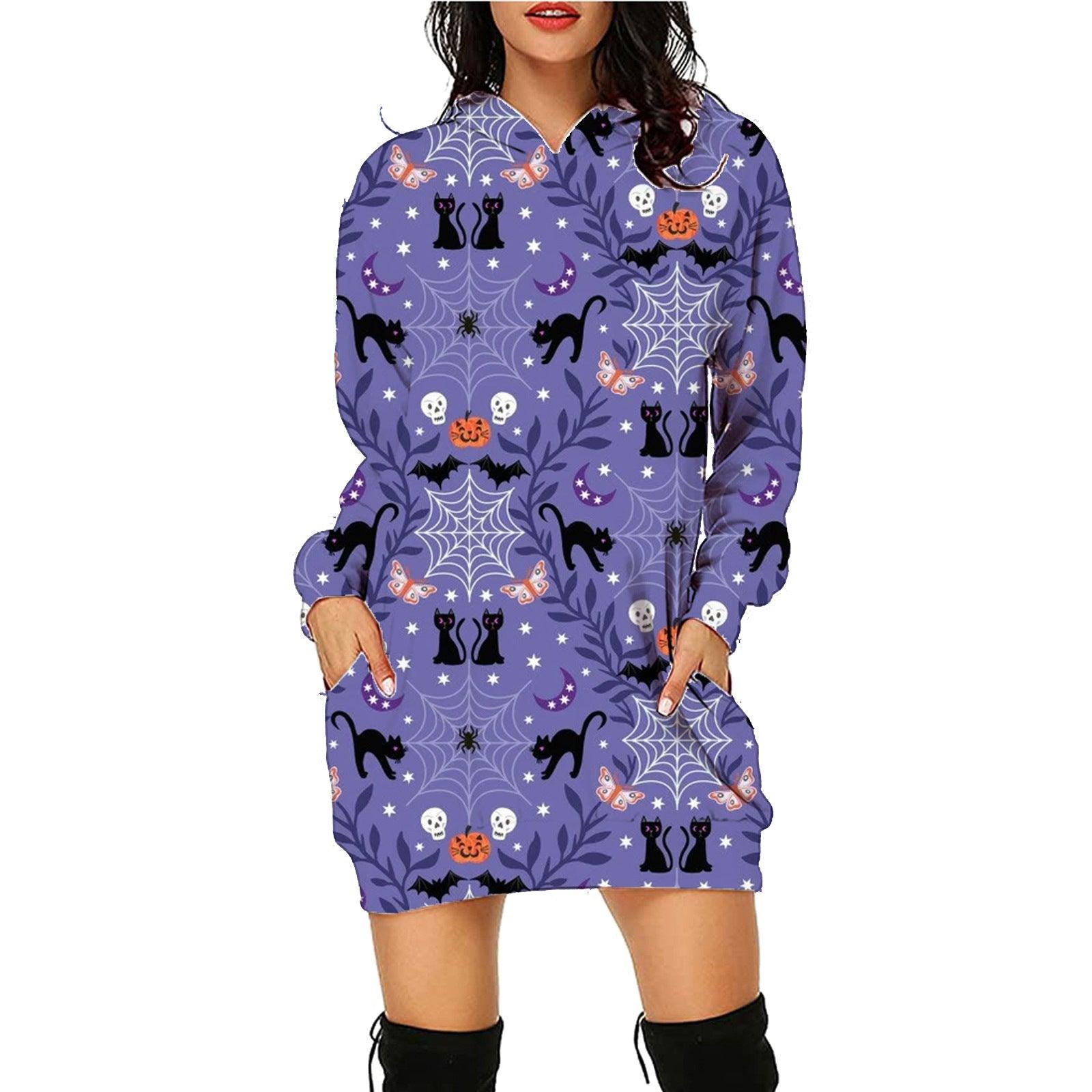 Halloween Print Long Hoodie With Pockets Sweater Long Sleeve Clothes Women - fadidesign