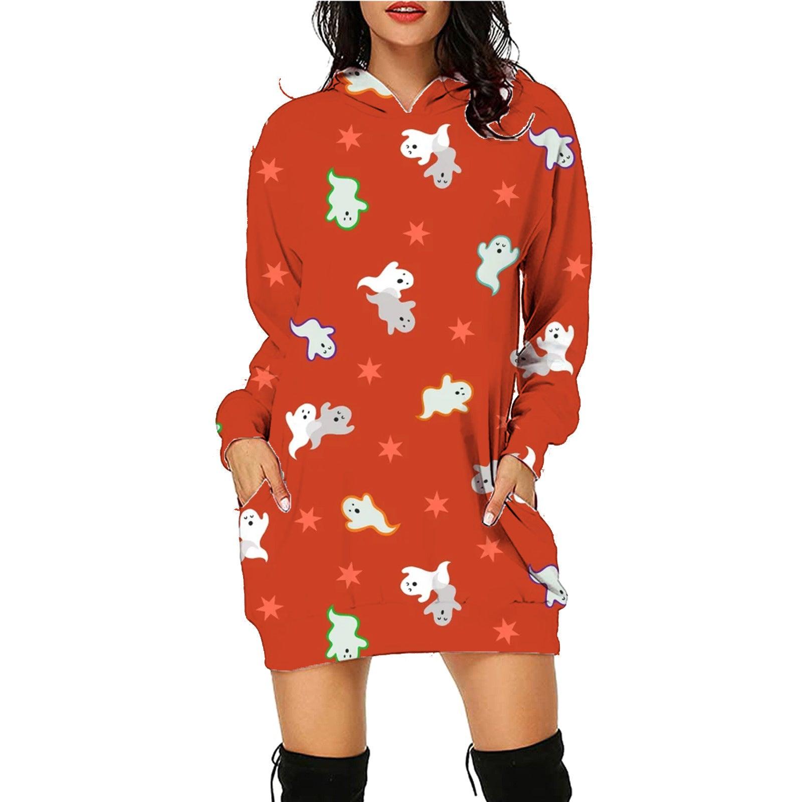 Halloween Print Long Hoodie With Pockets Sweater Long Sleeve Clothes Women - fadidesign