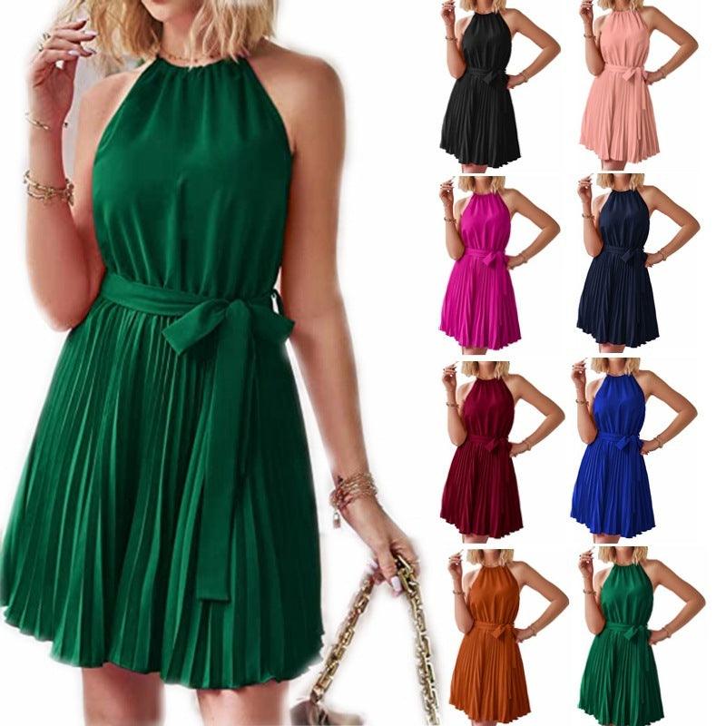 Halter Strapless Dresses For Women Solid Pleated Skirt Summer Beach Sundress - fadidesign