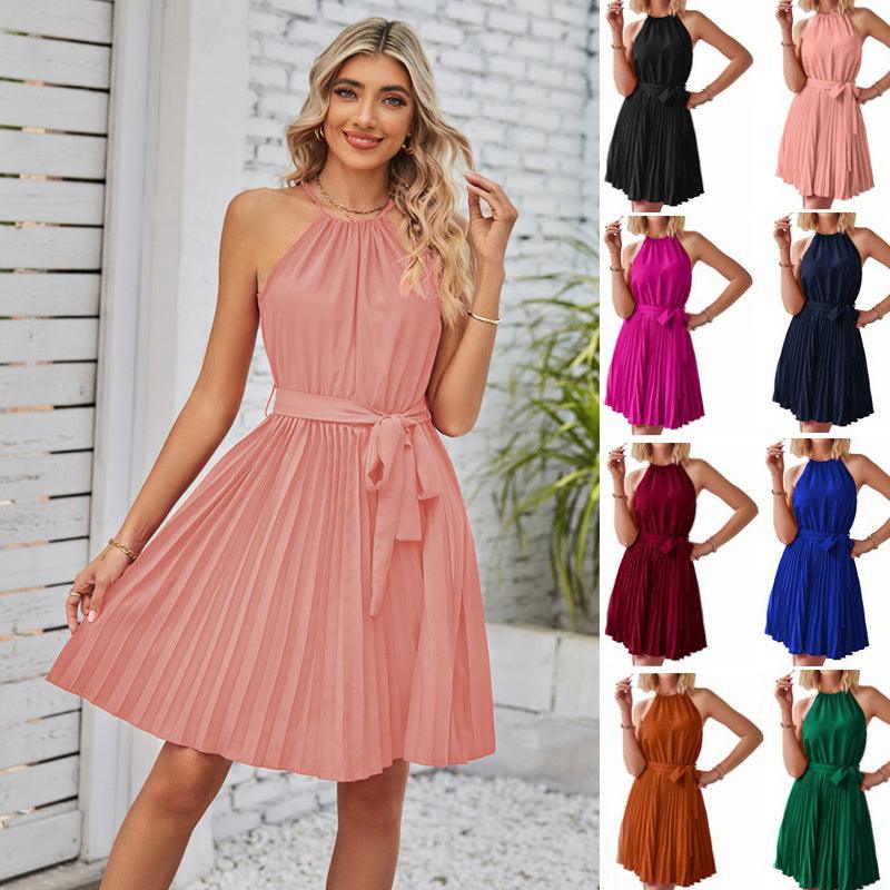 Halter Strapless Dresses For Women Solid Pleated Skirt Summer Beach Sundress - fadidesign