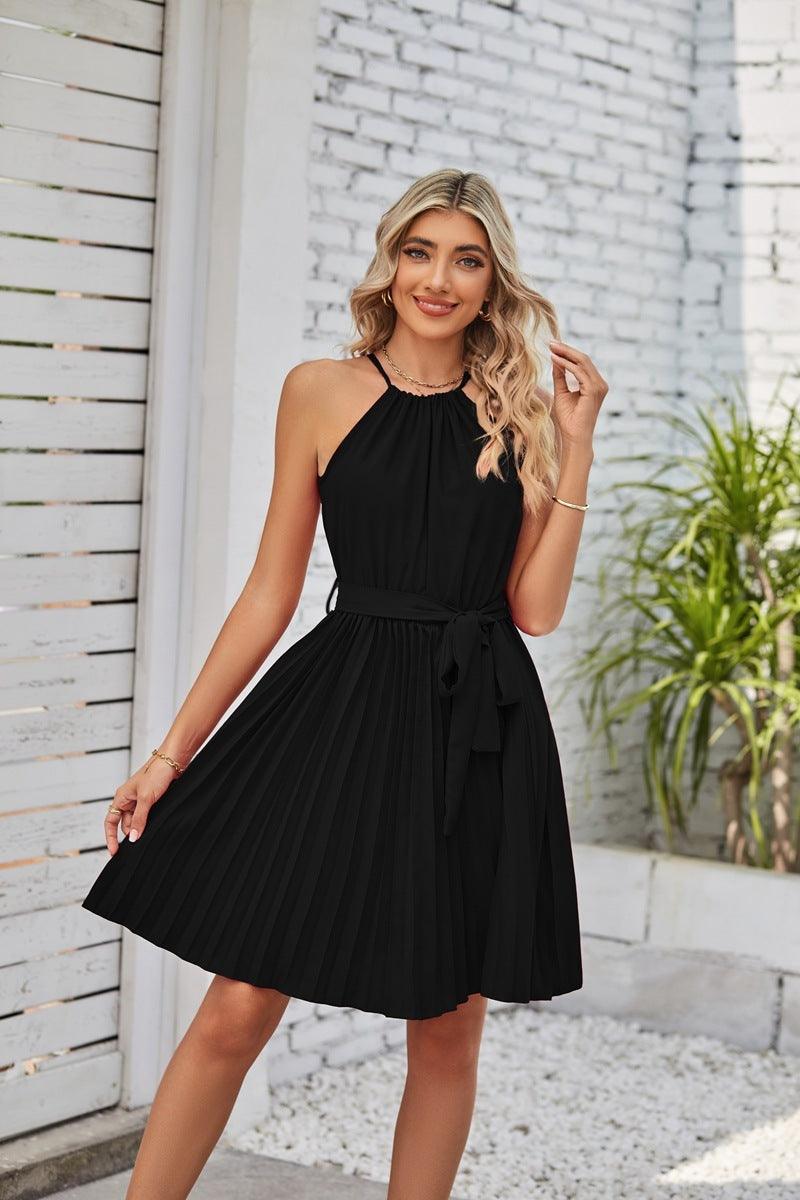 Halter Strapless Dresses For Women Solid Pleated Skirt Summer Beach Sundress - fadidesign