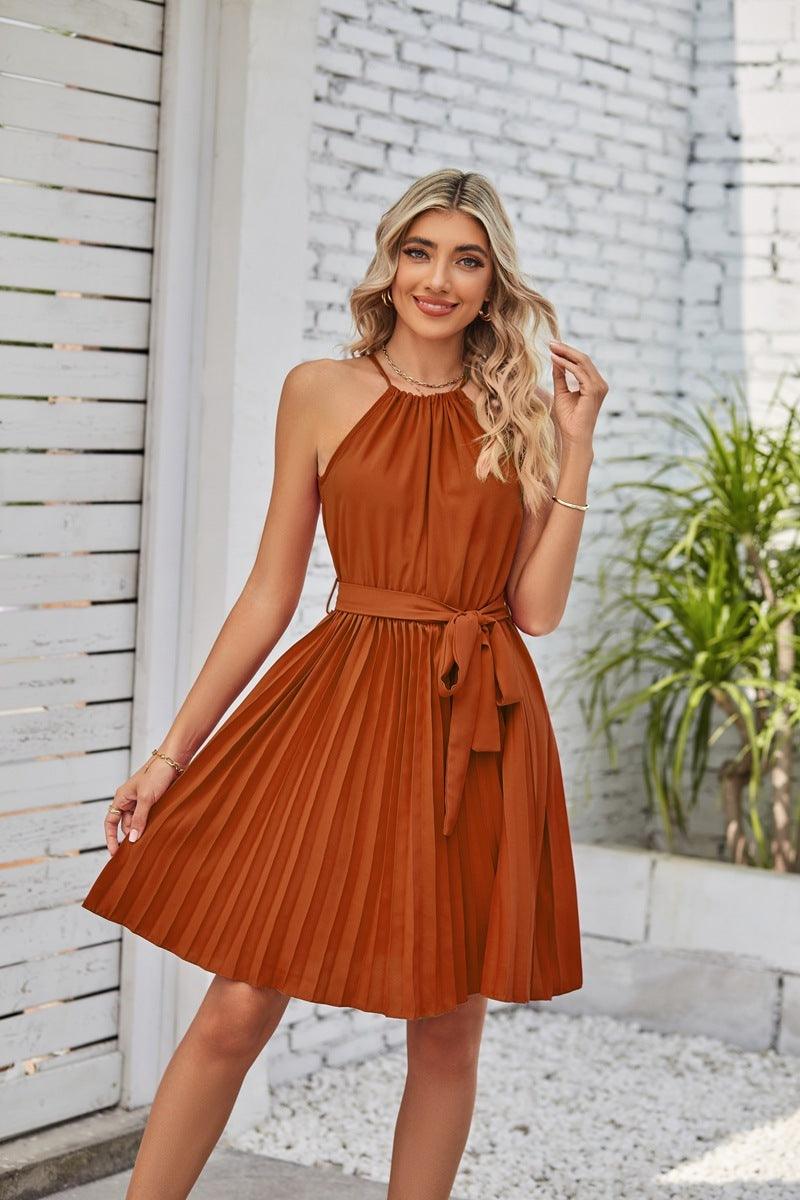 Halter Strapless Dresses For Women Solid Pleated Skirt Summer Beach Sundress - fadidesign