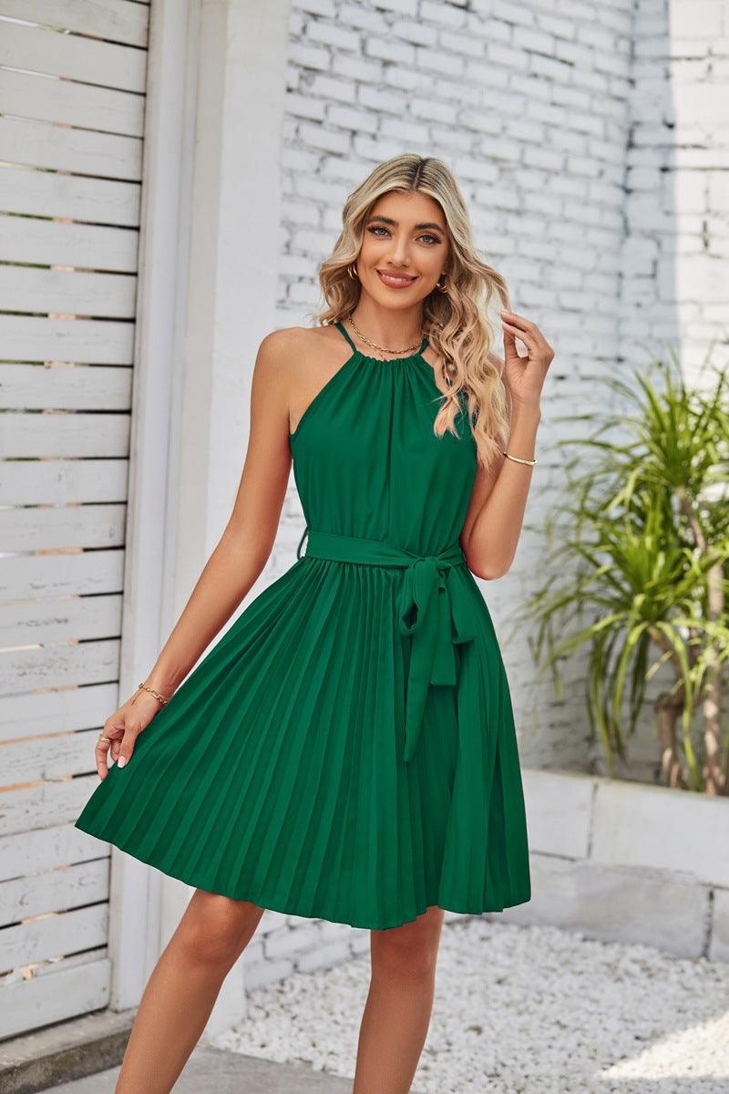 Halter Strapless Dresses For Women Solid Pleated Skirt Summer Beach Sundress - fadidesign