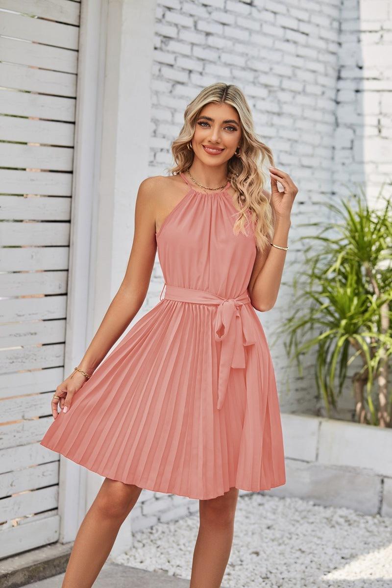 Halter Strapless Dresses For Women Solid Pleated Skirt Summer Beach Sundress - fadidesign