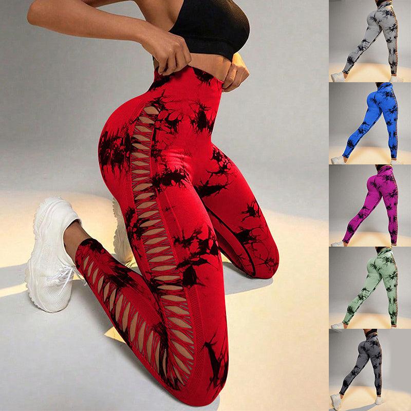 Hollow Tie Dye Printed Yoga Pants High Waist Butt Lift Seamless Sports Gym Fitness Leggings Slim Pants For Women Tight Trousers - fadidesign