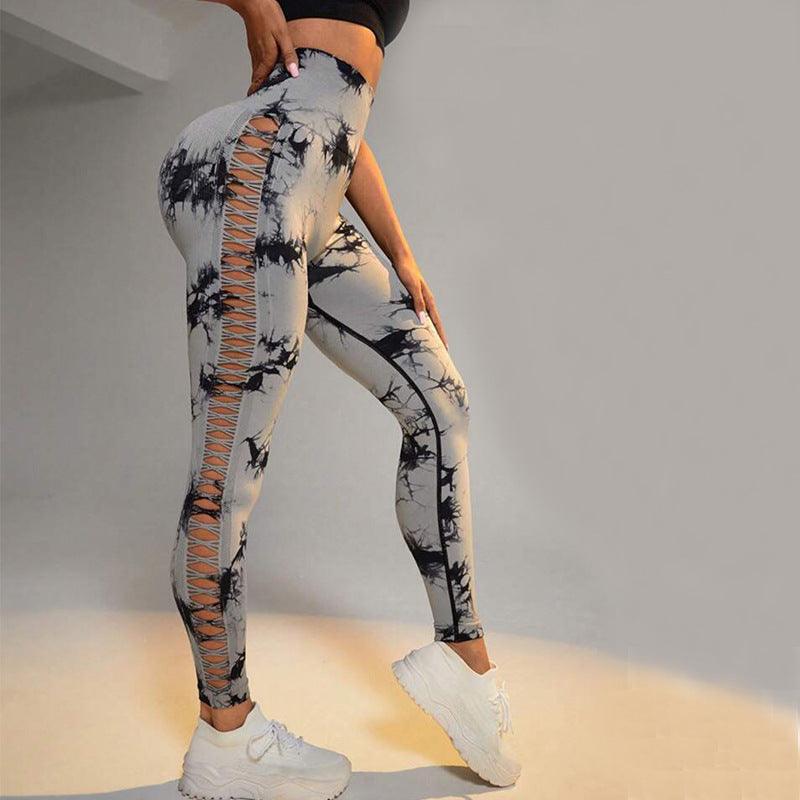 Hollow Tie Dye Printed Yoga Pants High Waist Butt Lift Seamless Sports Gym Fitness Leggings Slim Pants For Women Tight Trousers - fadidesign