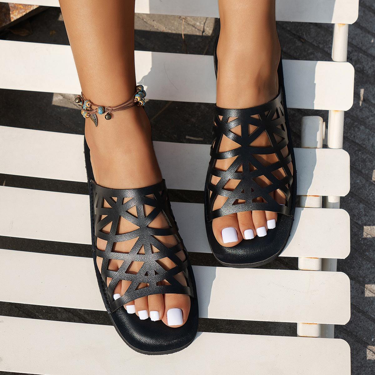 Irregular Hollow Sandals Ethnic Style Square Toe Slides Slippers Summer Fashion Outdoor Flat Shoes For Women - fadidesign