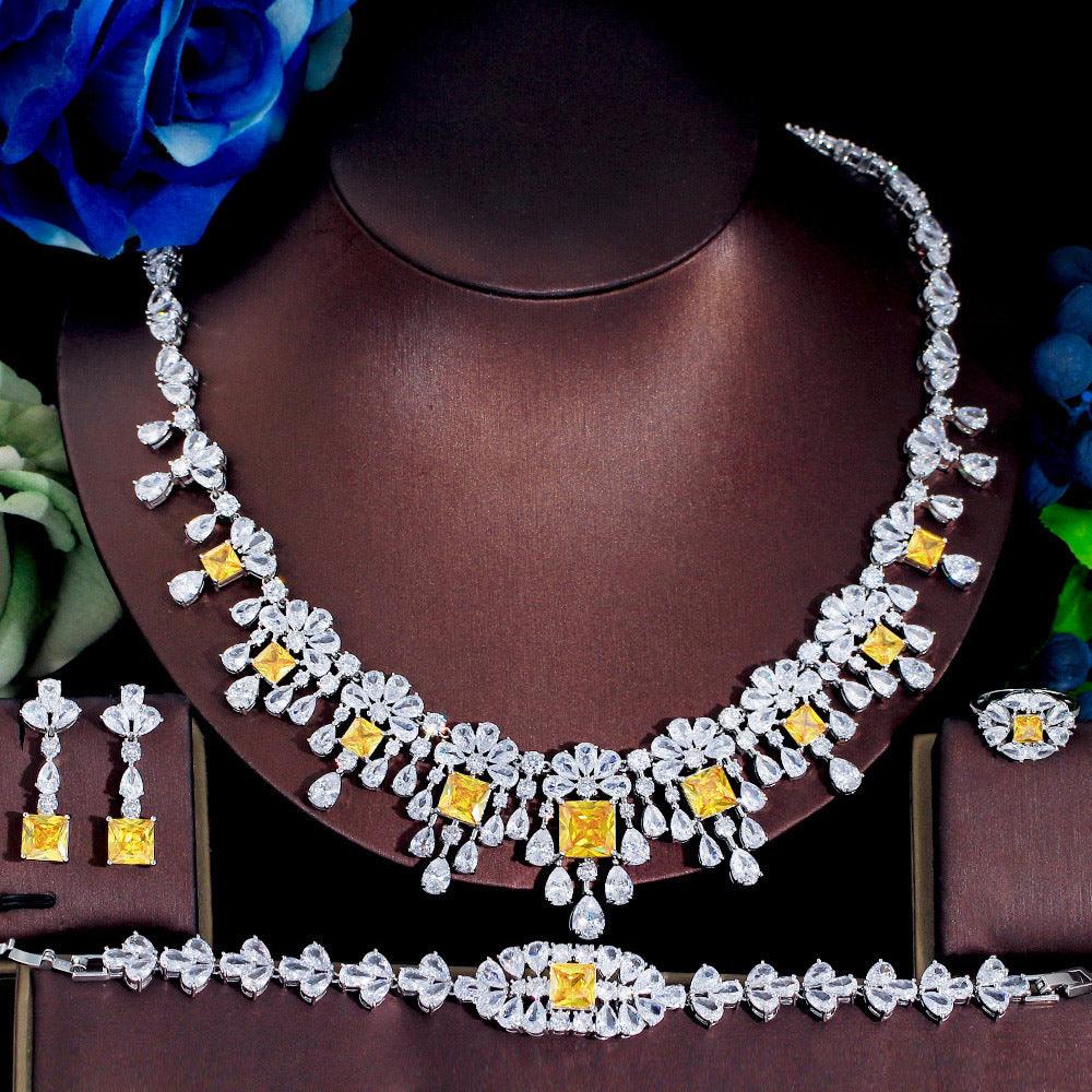 Jewelry Four-piece Wedding Dress Dinner Full Zircon Necklace Bracelet Ring Earrings Suit - fadidesign