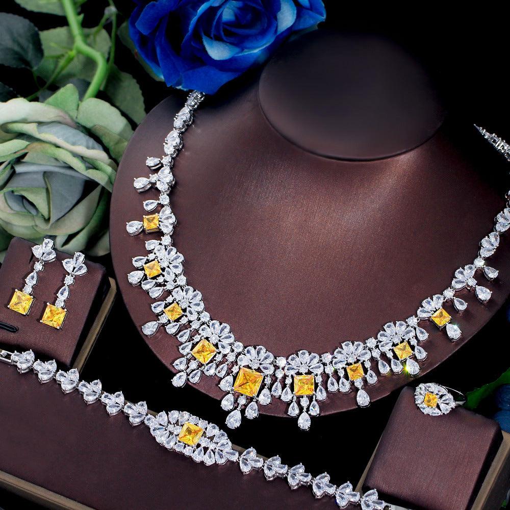 Jewelry Four-piece Wedding Dress Dinner Full Zircon Necklace Bracelet Ring Earrings Suit - fadidesign