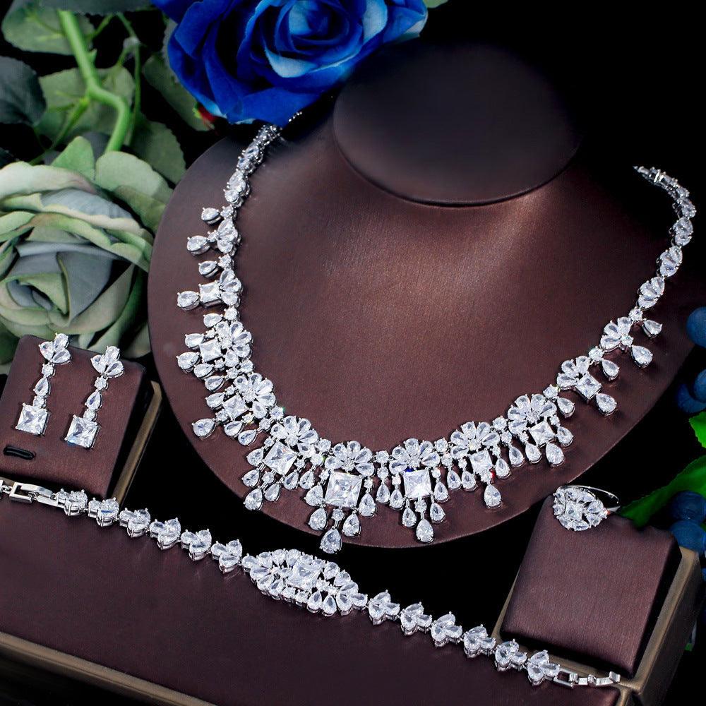 Jewelry Four-piece Wedding Dress Dinner Full Zircon Necklace Bracelet Ring Earrings Suit - fadidesign