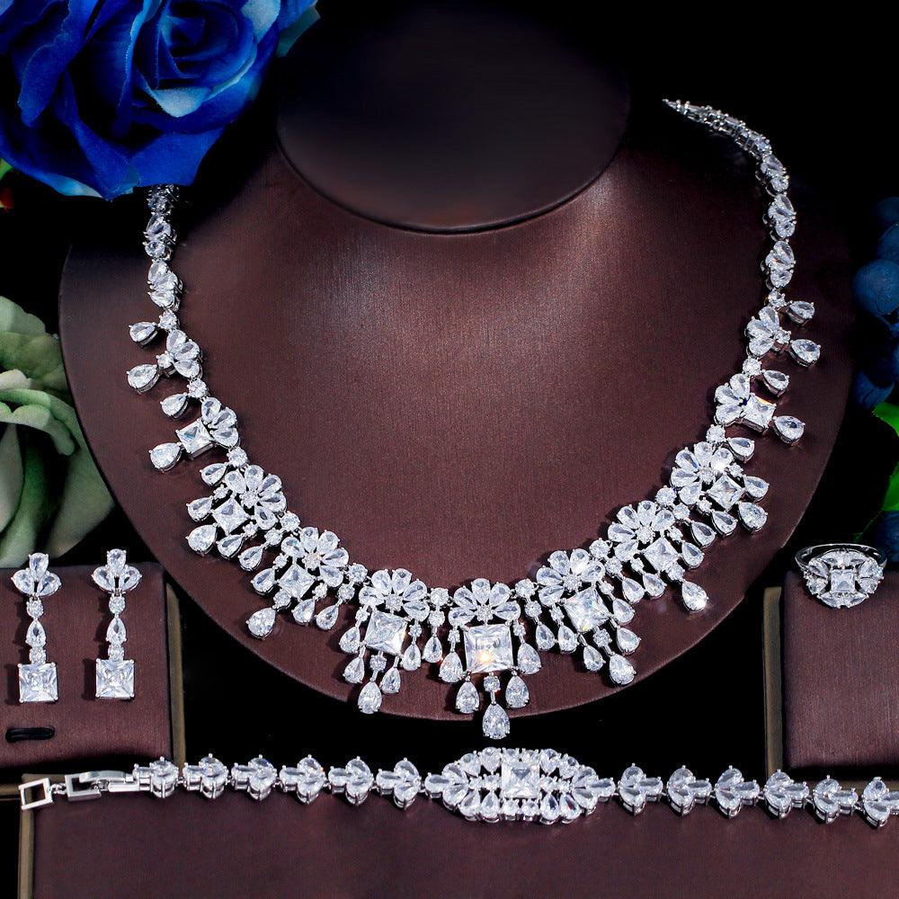 Jewelry Four-piece Wedding Dress Dinner Full Zircon Necklace Bracelet Ring Earrings Suit - fadidesign