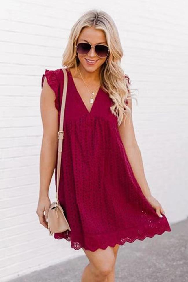 Lace Dresses With Pocket Summer Sleeveless Jacquard Cutout V-Neck Beach Dress - fadidesign