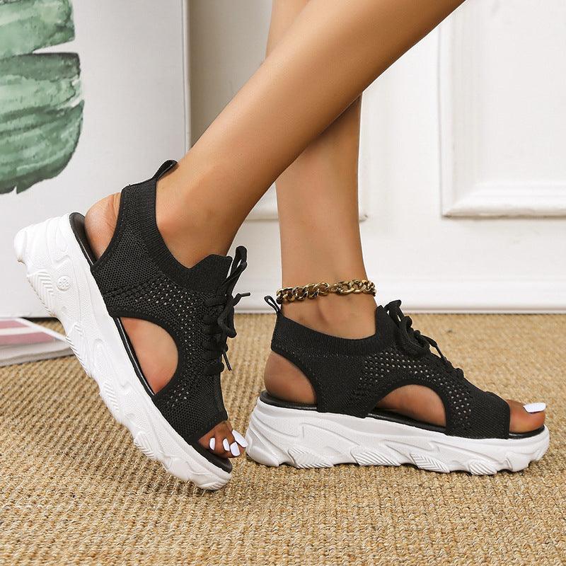 Lace-up Sandals Women Thick-bottomed Mesh Soft-sole Fashion Casual Summer Shoes Flat - fadidesign