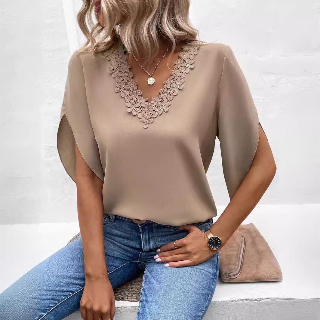 Lace V-neck Flared Sleeves Loose Shirt - fadidesign