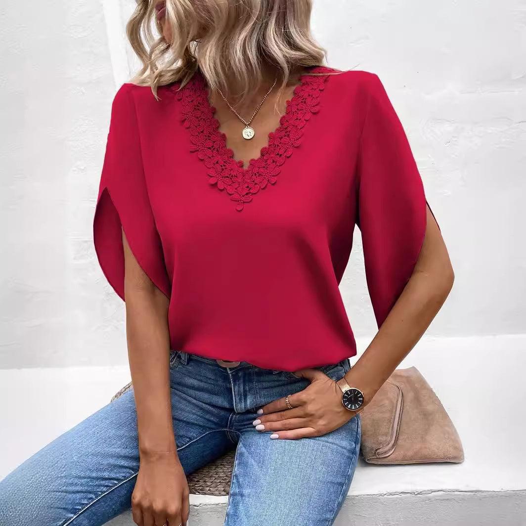 Lace V-neck Flared Sleeves Loose Shirt - fadidesign