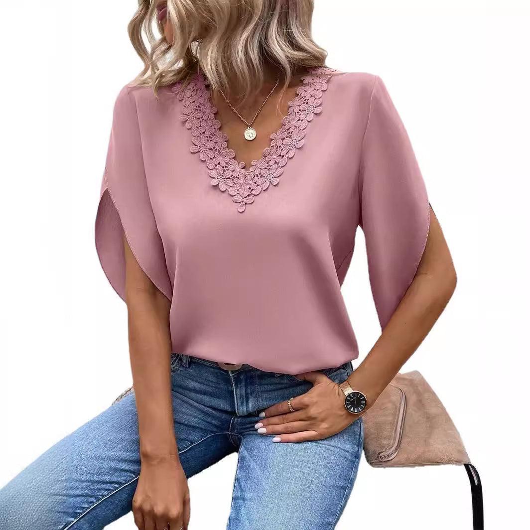 Lace V-neck Flared Sleeves Loose Shirt - fadidesign