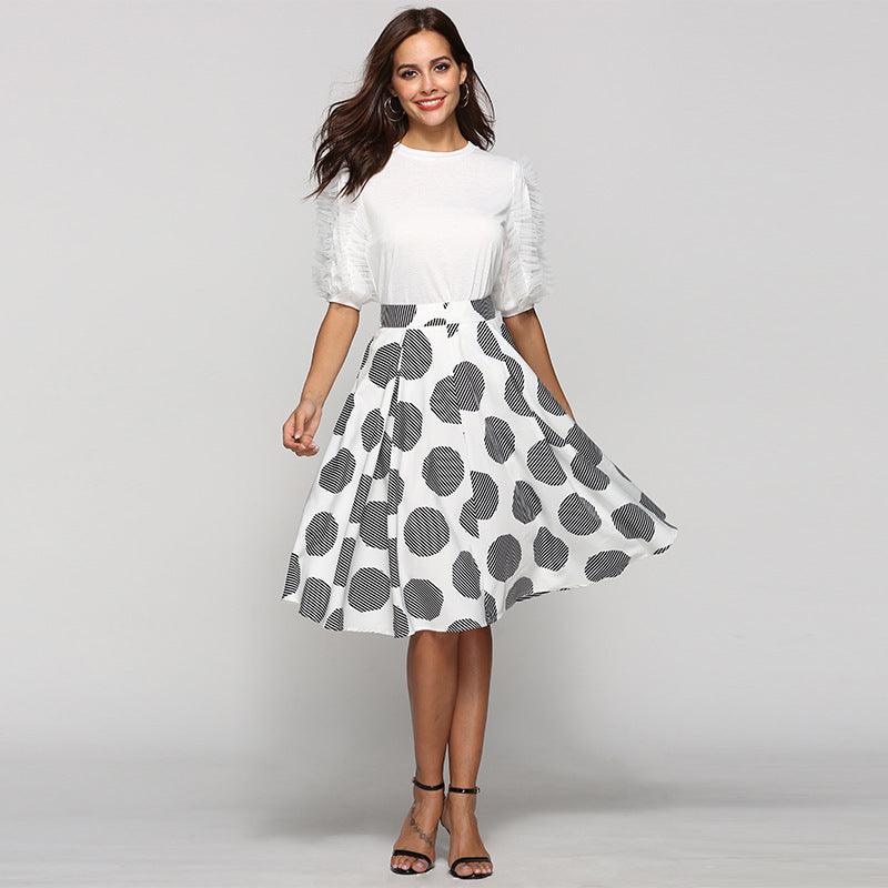 Large Polka Dot Round Slim Fit Mid-Length Skirt With Large Hem - fadidesign