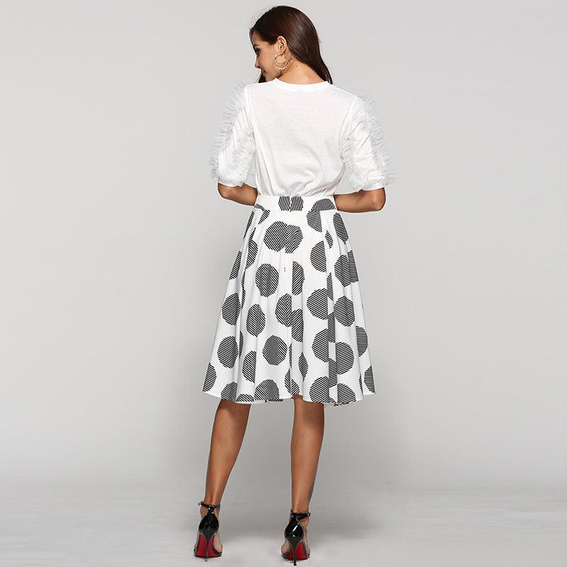 Large Polka Dot Round Slim Fit Mid-Length Skirt With Large Hem - fadidesign