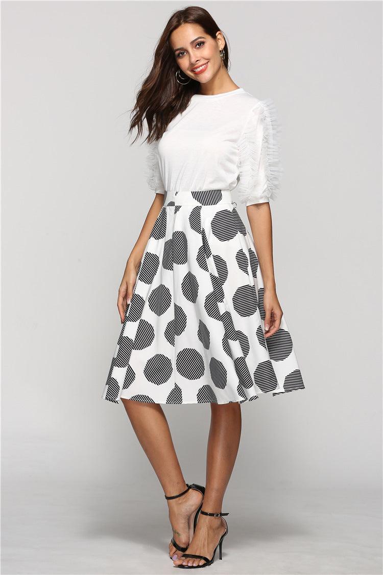 Large Polka Dot Round Slim Fit Mid-Length Skirt With Large Hem - fadidesign