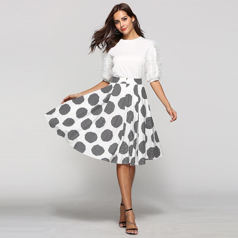 Large Polka Dot Round Slim Fit Mid-Length Skirt With Large Hem - fadidesign