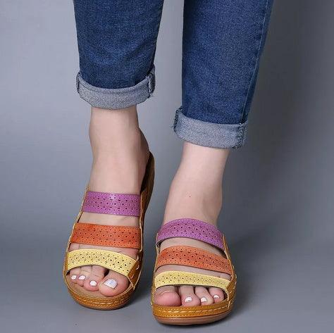 Large Size Women Hollow Out Rainbow Stitching Slippers - fadidesign