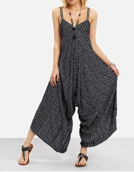 Light Ripe Women's Striped Suspenders Loose One-piece Cropped Pants - fadidesign