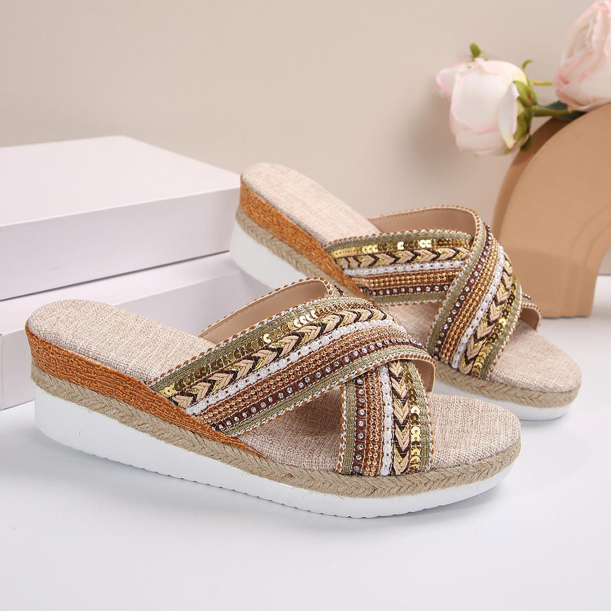 Linen Wedge Sandals Summer Ethnic Style Cross-strap Sandals For Women Non-slip Slides Beach Shoes - fadidesign