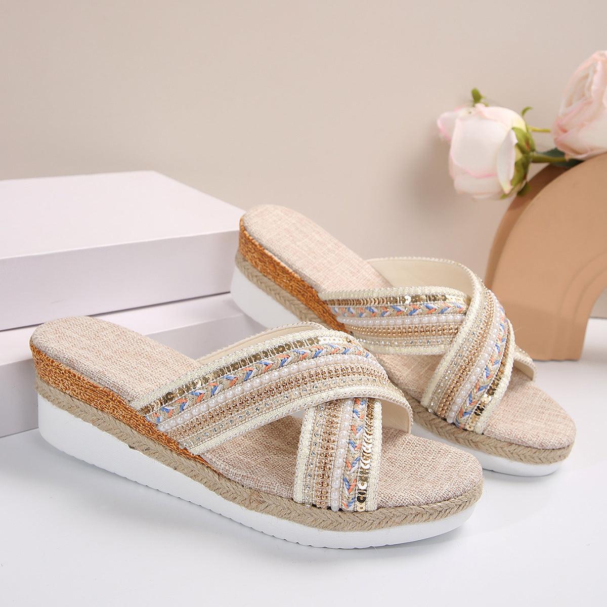 Linen Wedge Sandals Summer Ethnic Style Cross-strap Sandals For Women Non-slip Slides Beach Shoes - fadidesign