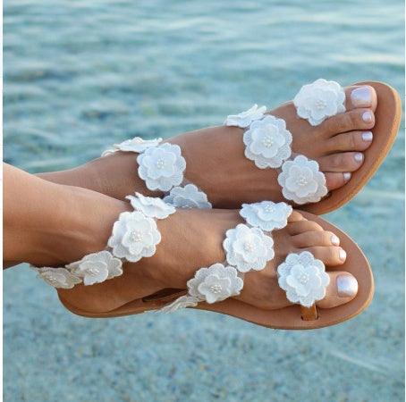 Manufacturers produce summer foreign trade new pu toe flowers flat bottom set ladies fashion large size sandals women now - fadidesign