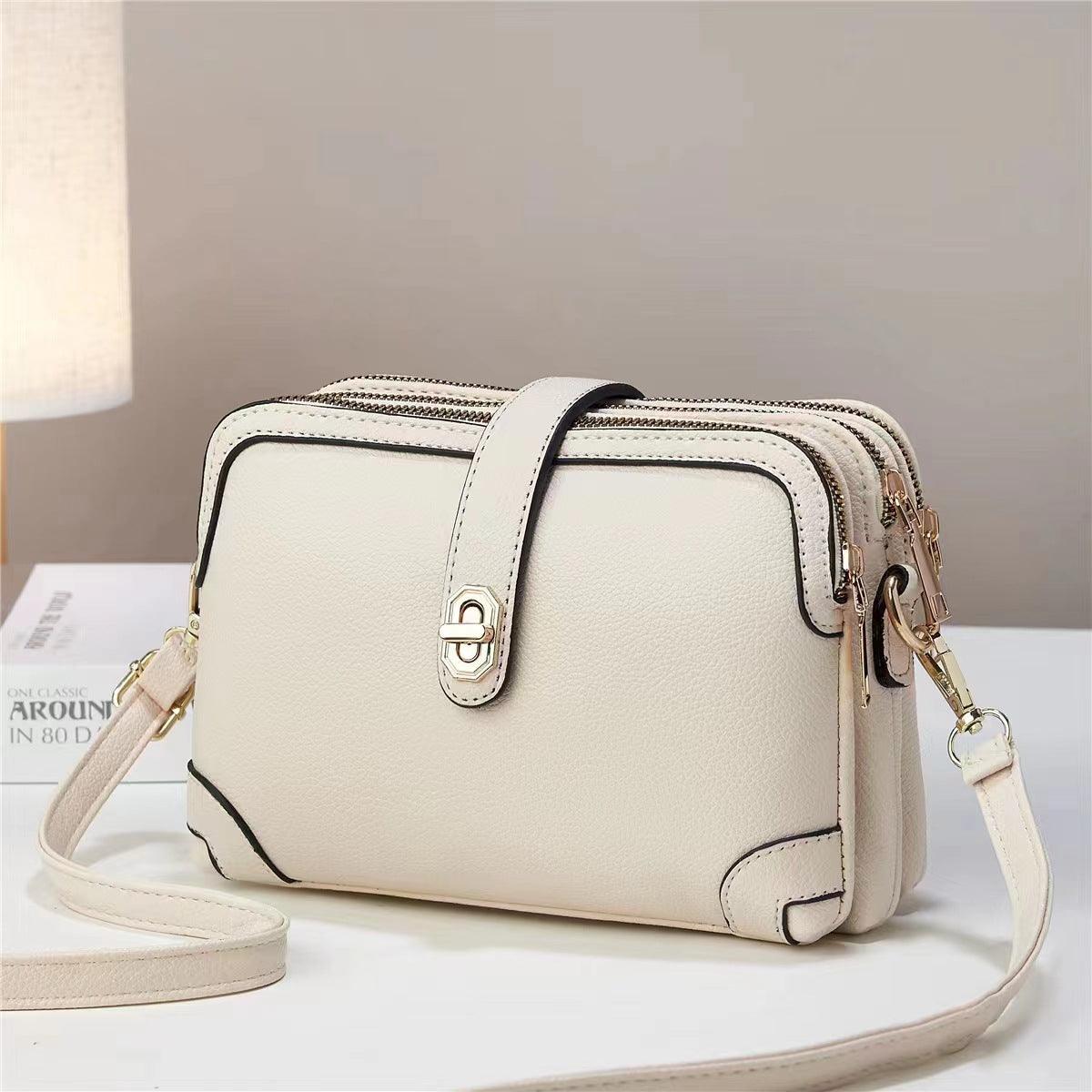 Multi-layer Lychee Pattern Simple Texture Soft Leather Western Style Multi-functional Shoulder Crossbody Small Square Bag - fadidesign