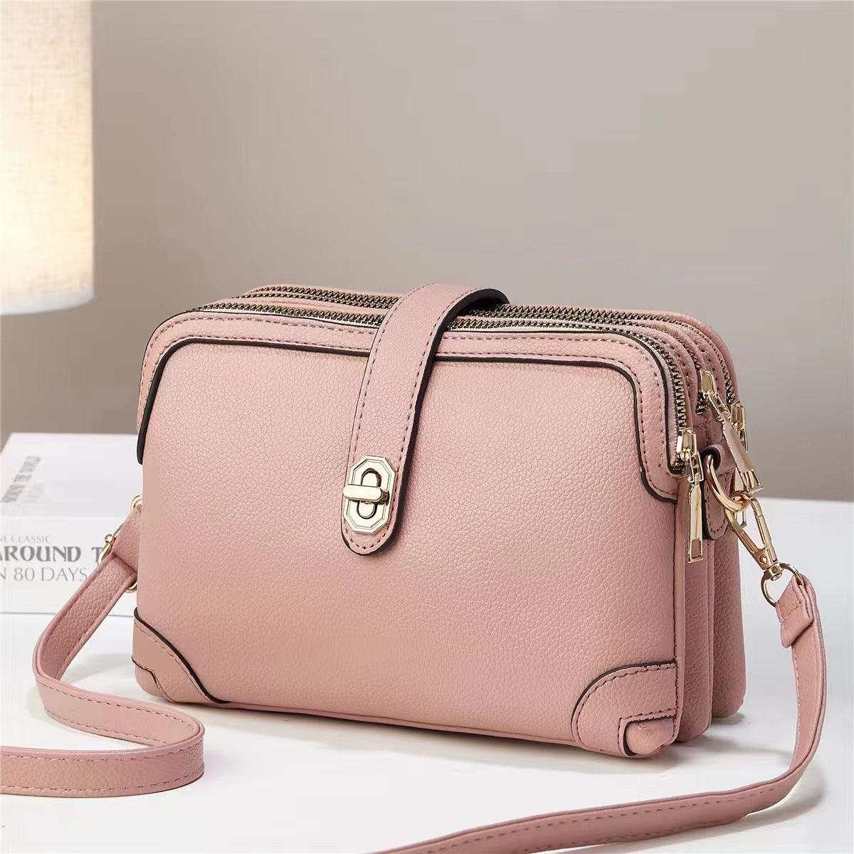 Multi-layer Lychee Pattern Simple Texture Soft Leather Western Style Multi-functional Shoulder Crossbody Small Square Bag - fadidesign