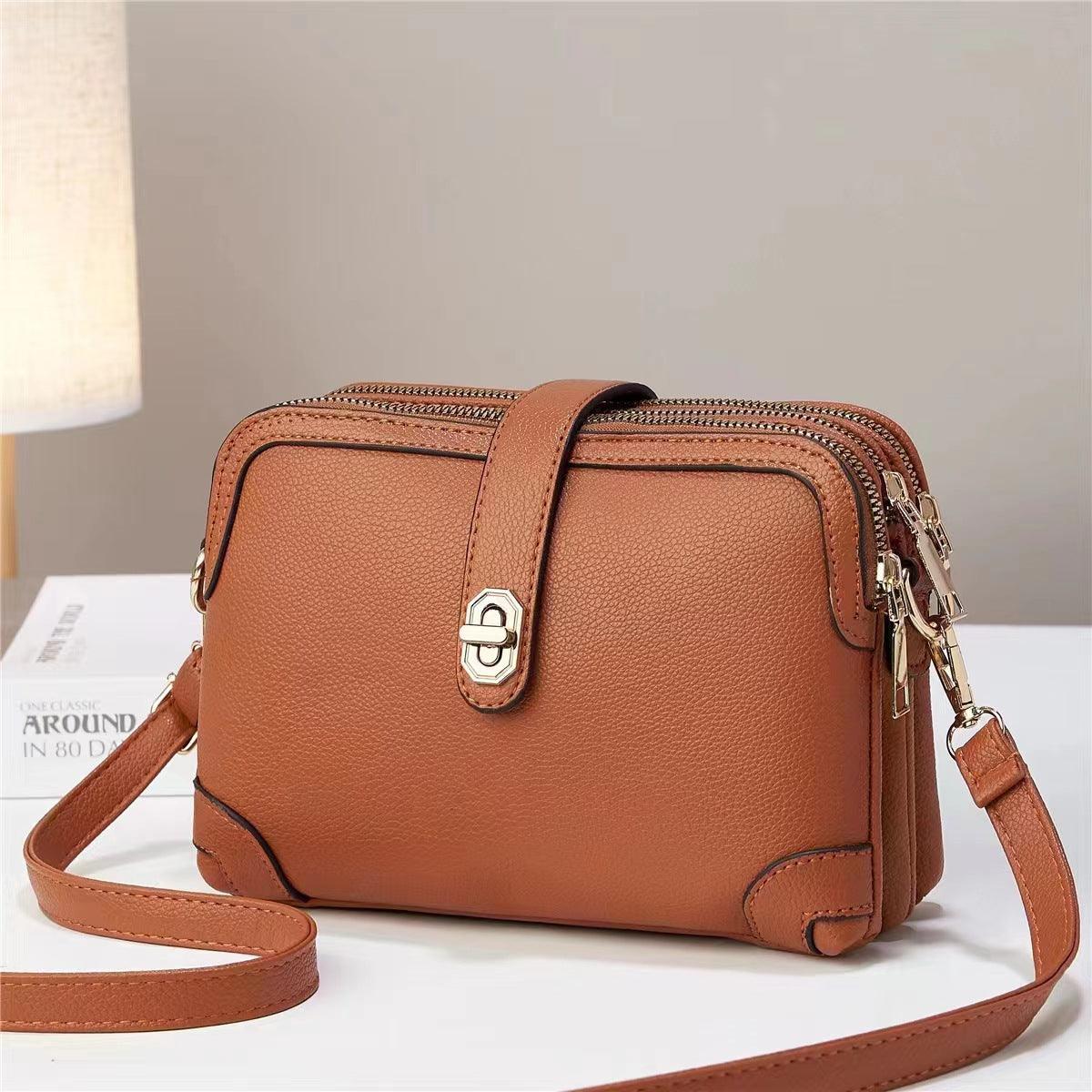 Multi-layer Lychee Pattern Simple Texture Soft Leather Western Style Multi-functional Shoulder Crossbody Small Square Bag - fadidesign