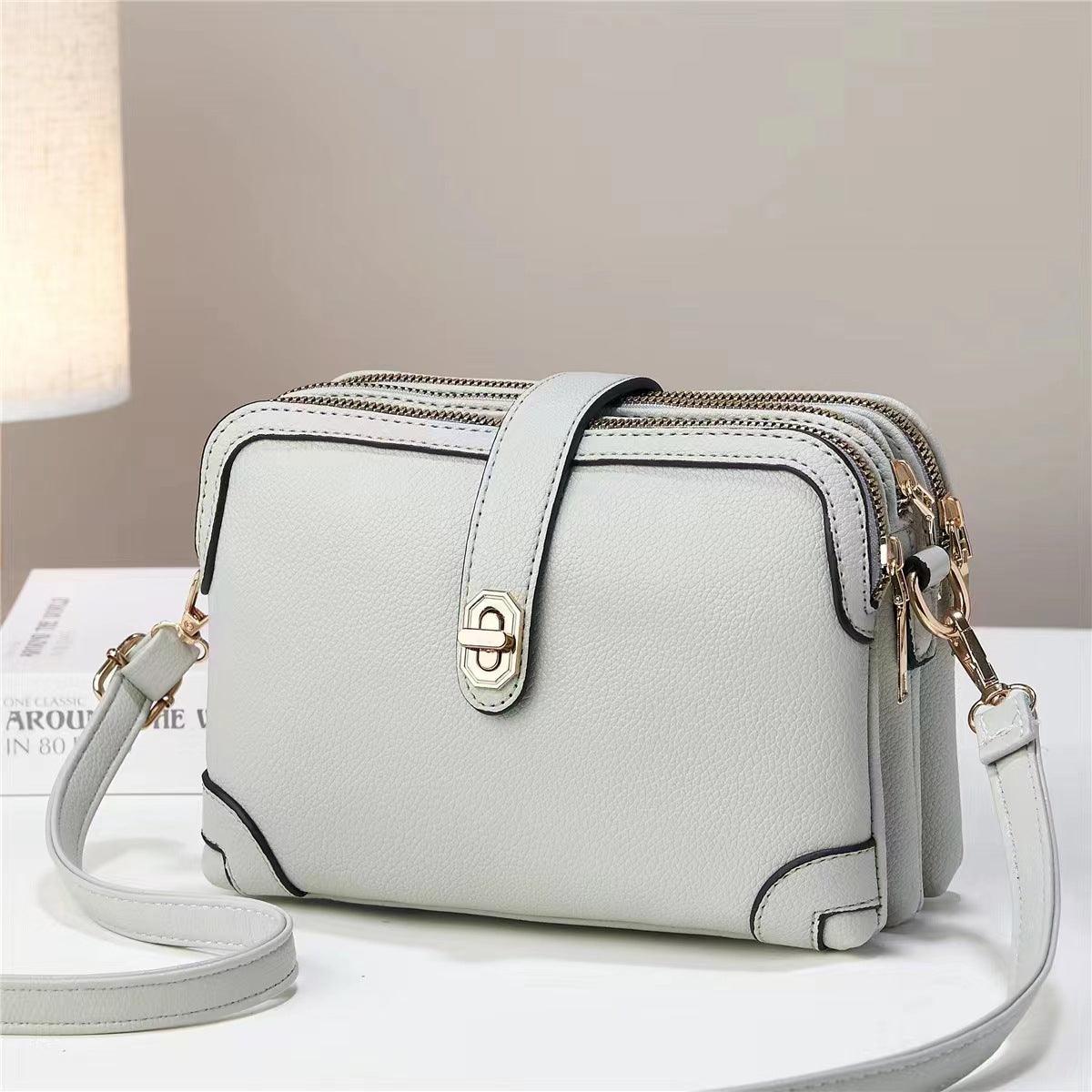 Multi-layer Lychee Pattern Simple Texture Soft Leather Western Style Multi-functional Shoulder Crossbody Small Square Bag - fadidesign