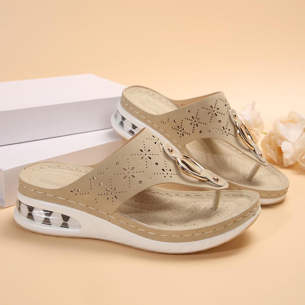 New Air Cushion Thong Sandals Summer Flip Flops Hollow Metal Buckle Wedges Shoes For Women Thick Sole Beach Shoes - fadidesign