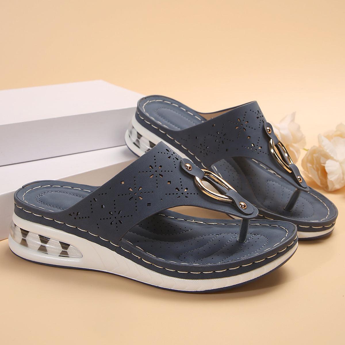 New Air Cushion Thong Sandals Summer Flip Flops Hollow Metal Buckle Wedges Shoes For Women Thick Sole Beach Shoes - fadidesign