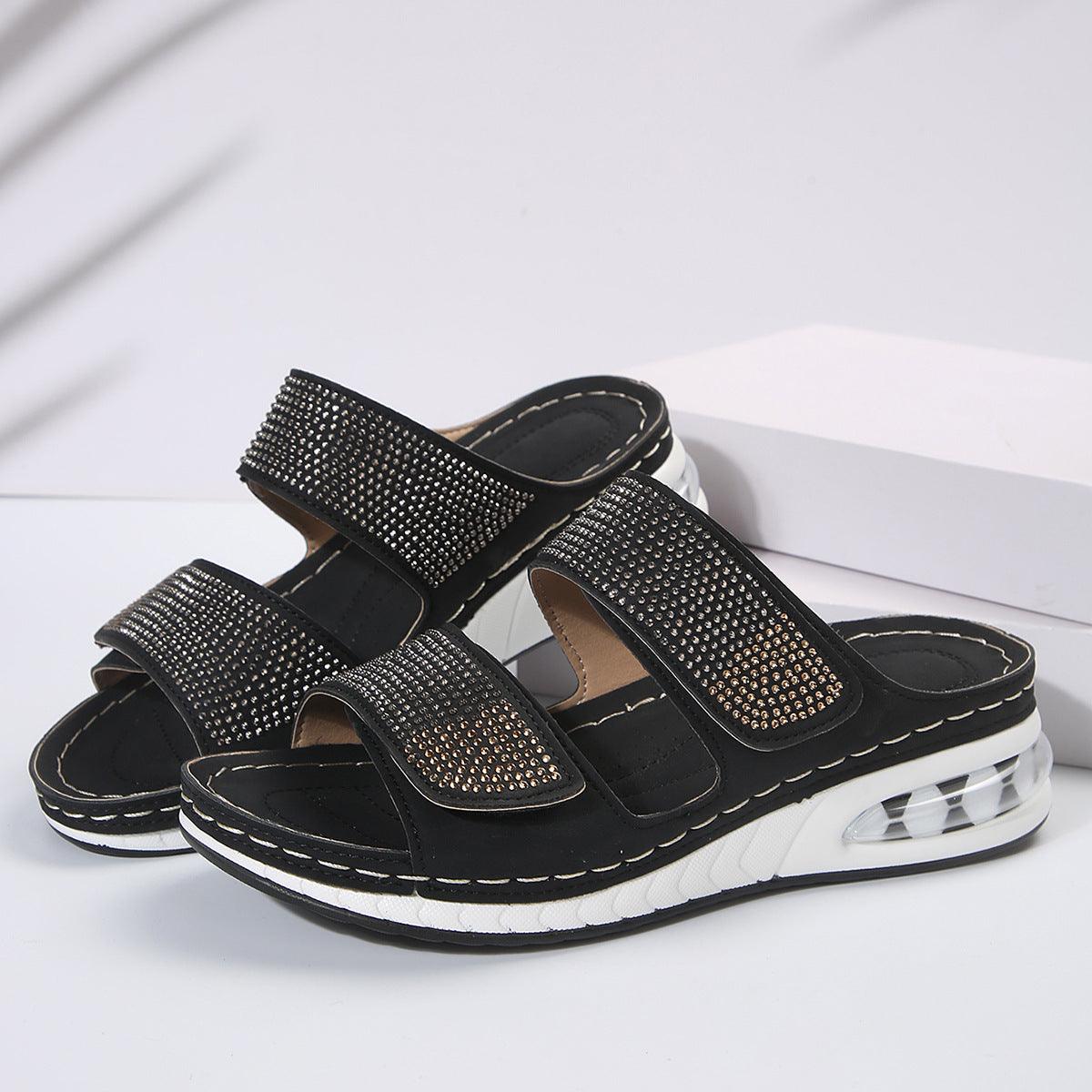 New Air Cushion Wedges Sandals Summer Casual Rhinestone Slides Roman Sandals For Women Non-slip Beach Shoes - fadidesign