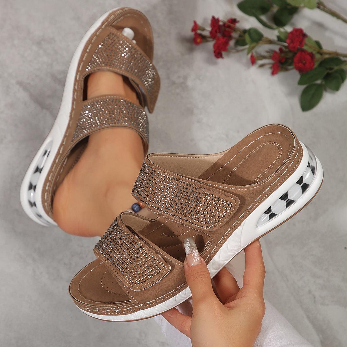 New Air Cushion Wedges Sandals Summer Casual Rhinestone Slides Roman Sandals For Women Non-slip Beach Shoes - fadidesign