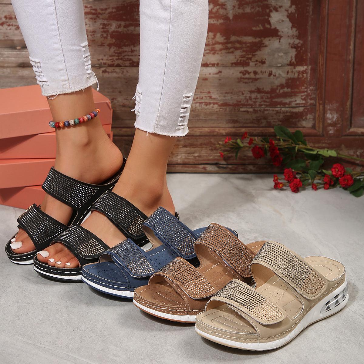 New Air Cushion Wedges Sandals Summer Casual Rhinestone Slides Roman Sandals For Women Non-slip Beach Shoes - fadidesign