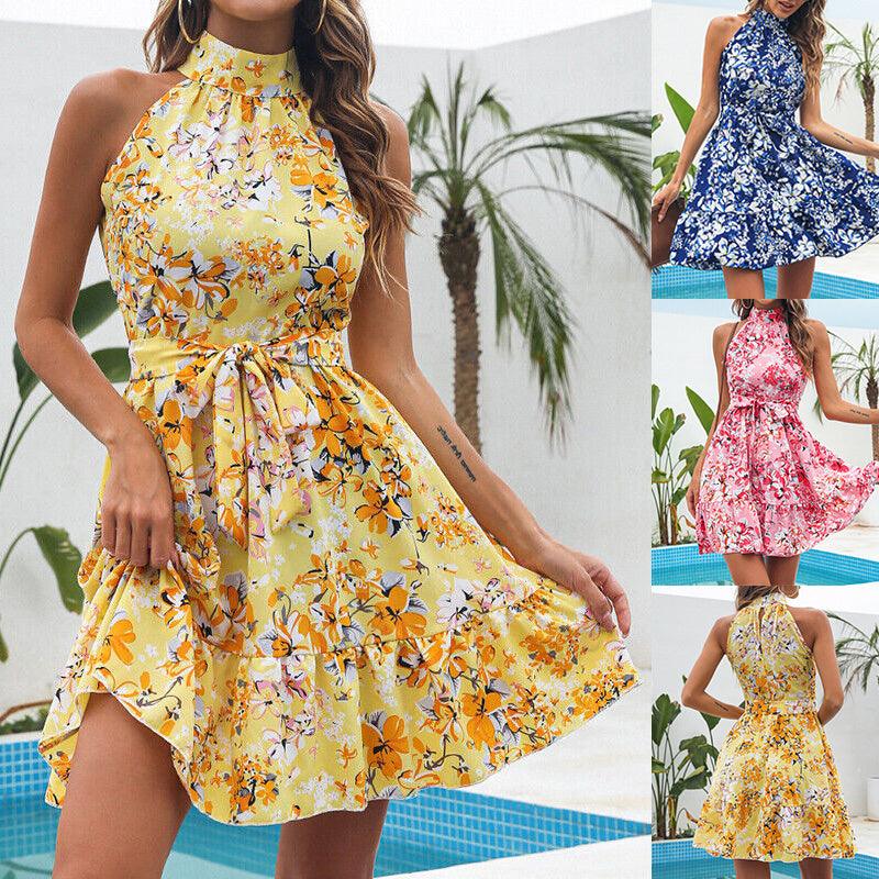 New Flowers Print Halterneck Dress Summer Fashion Temperament Lace-up Ruffled Dresses For Women - fadidesign