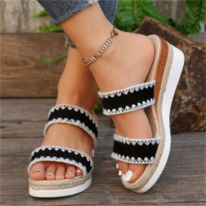 New Hemp Rope Woven Wedge Slippers Summer Ethnic Style Sandals Double Wide Strappy Shoes For Women - fadidesign