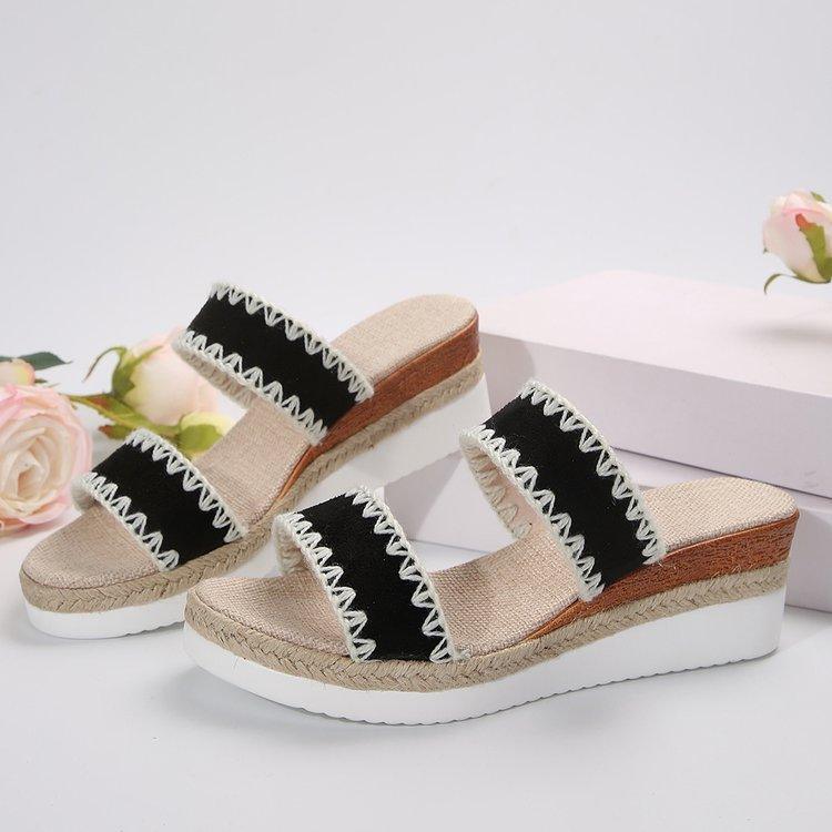 New Hemp Rope Woven Wedge Slippers Summer Ethnic Style Sandals Double Wide Strappy Shoes For Women - fadidesign