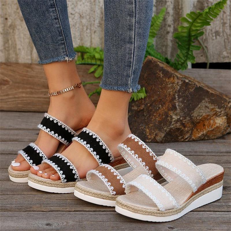 New Hemp Rope Woven Wedge Slippers Summer Ethnic Style Sandals Double Wide Strappy Shoes For Women - fadidesign