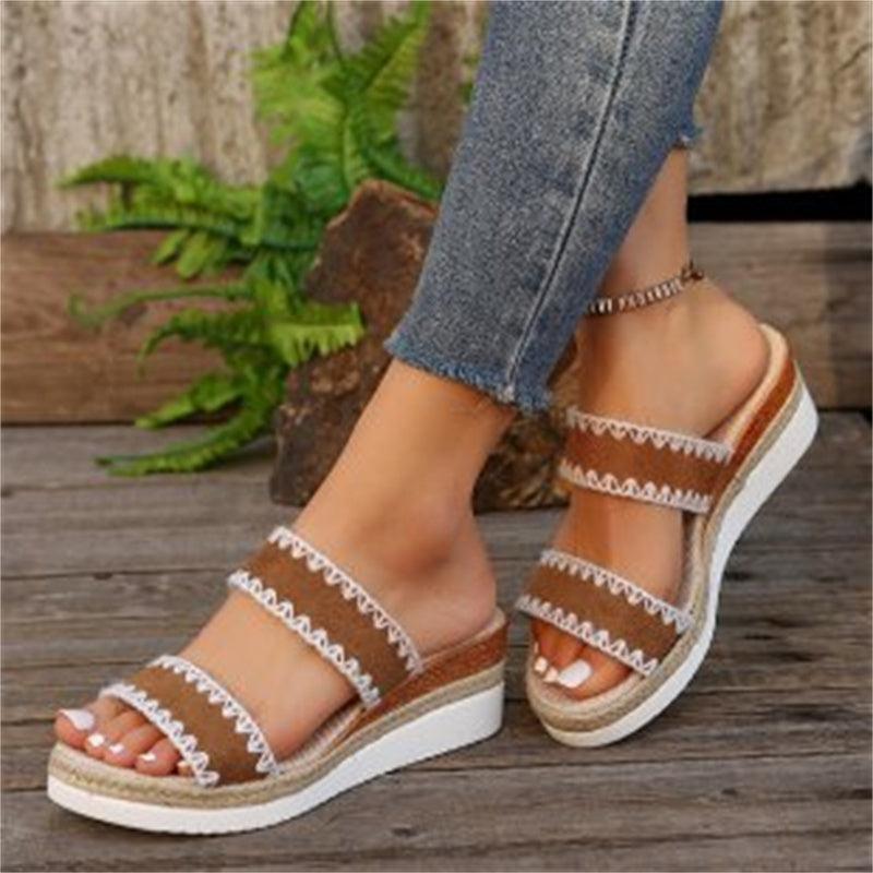 New Hemp Rope Woven Wedge Slippers Summer Ethnic Style Sandals Double Wide Strappy Shoes For Women - fadidesign