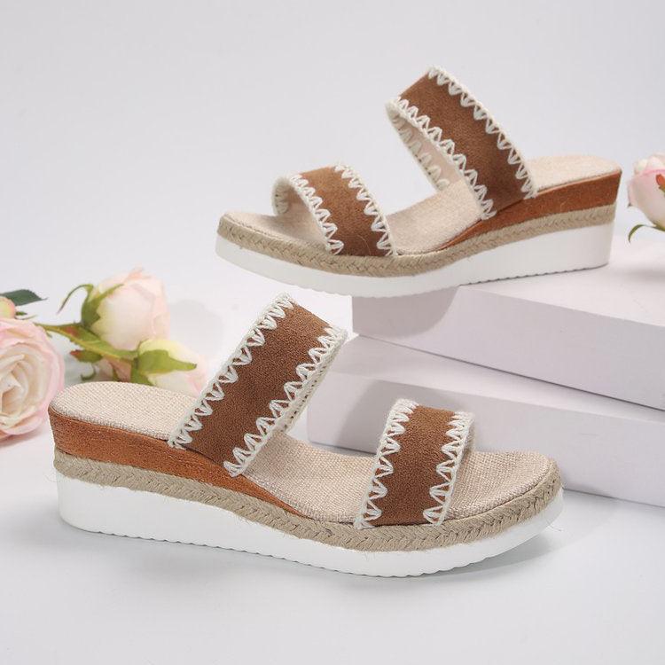 New Hemp Rope Woven Wedge Slippers Summer Ethnic Style Sandals Double Wide Strappy Shoes For Women - fadidesign