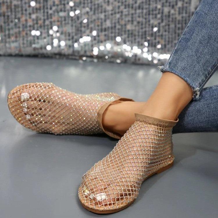 New Hollow Flat Sandals With Rhinestone Design Summer Fashion Round Toe Shoes For Women - fadidesign