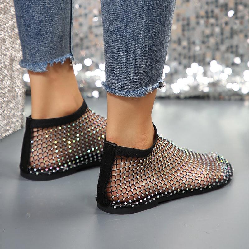 New Hollow Flat Sandals With Rhinestone Design Summer Fashion Round Toe Shoes For Women - fadidesign