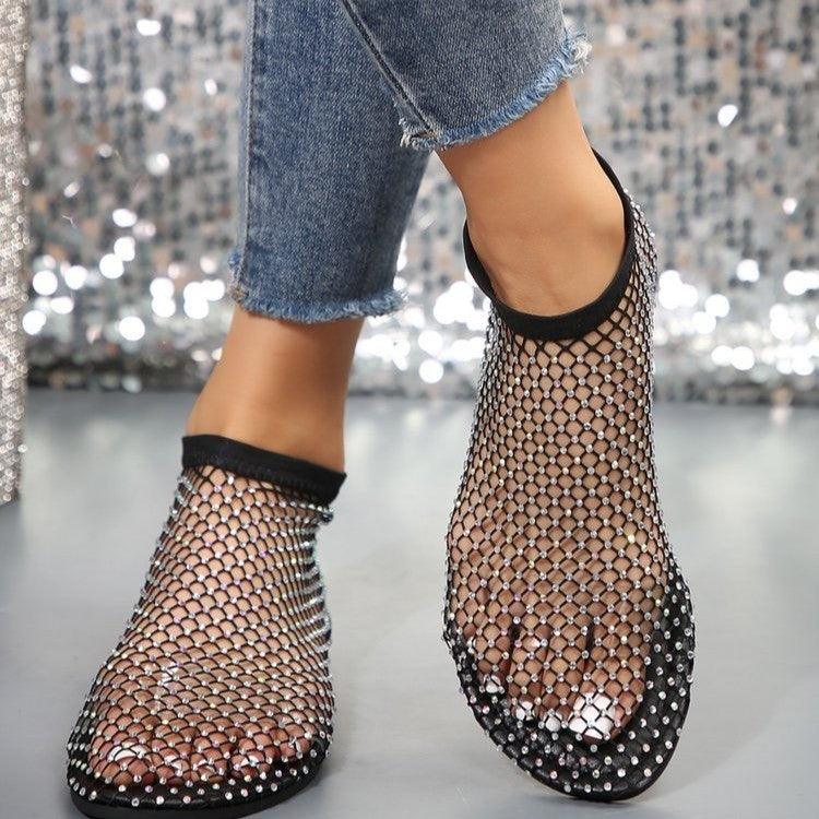 New Hollow Flat Sandals With Rhinestone Design Summer Fashion Round Toe Shoes For Women - fadidesign