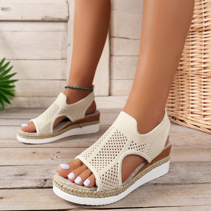 New Hollow Wedges Sandals Summer Fly Woven Breathable Mesh Shoes For Women Peep-Toe Sandals - fadidesign